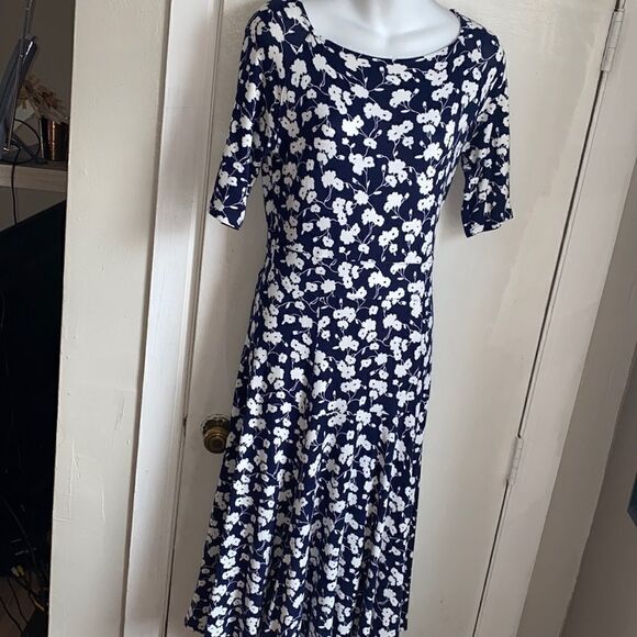 LANDS’ END Navy Blue White Floral Elbow Sleeve Midi Dress-XS - Picture 2 of 8